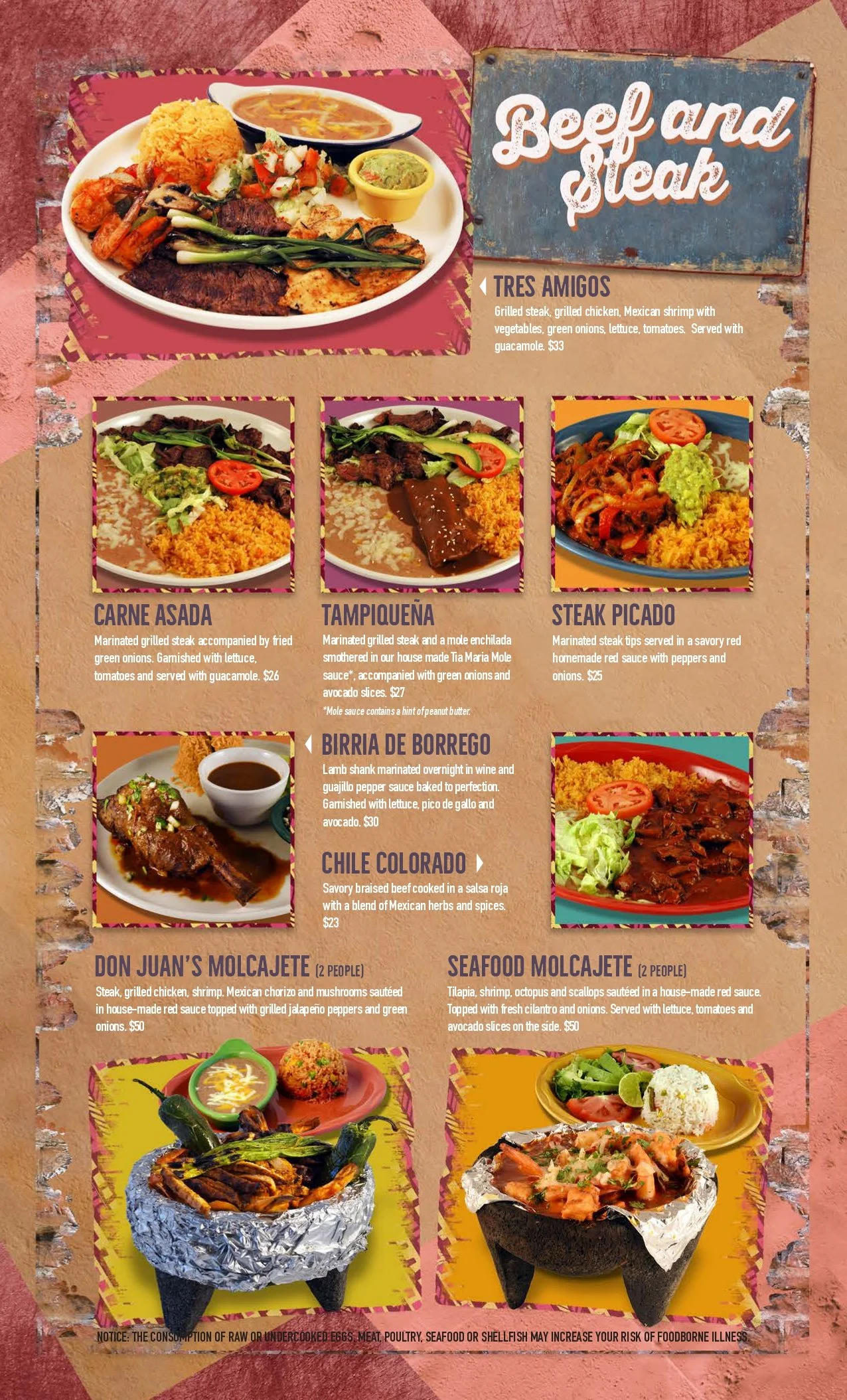 Menu featuring Mexican dishes including beef and steak options, with photos of plated foods such as grilled steaks, stews, and tacos.