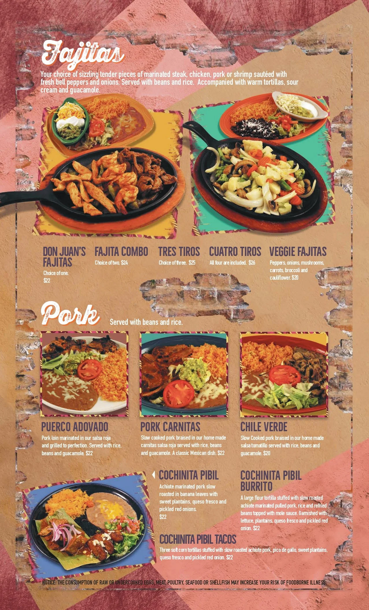 A colorful Mexican restaurant menu featuring fajitas, pork dishes, and tacos with pictures of each dish, including ingredients and prices.