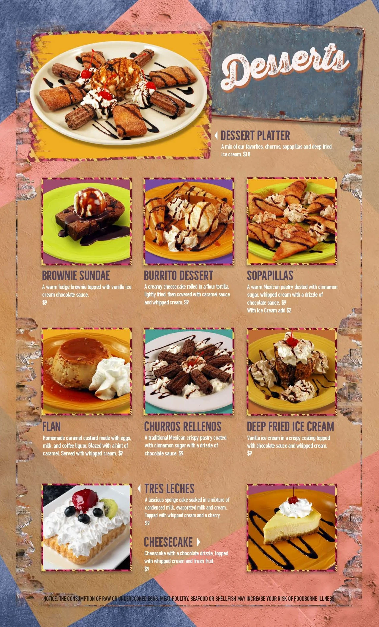 Menu page featuring various desserts including a plate of churros drizzled with chocolate sauce and topped with ice cream, multiple images of cheesecakes with toppings, and descriptions and prices for each dessert.