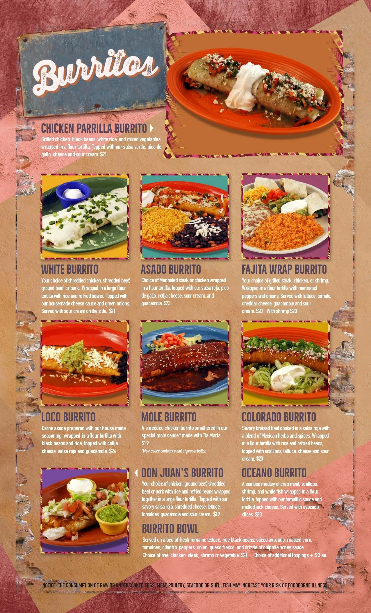 A menu featuring various burritos, including chicken parrilla burrito, white burrito, asado burrito, fajita wrap burrito, loco burrito, mole burrito, Colorado burrito, burrito bowl, don Juan's burrito, and oceano burrito, with descriptions and prices.