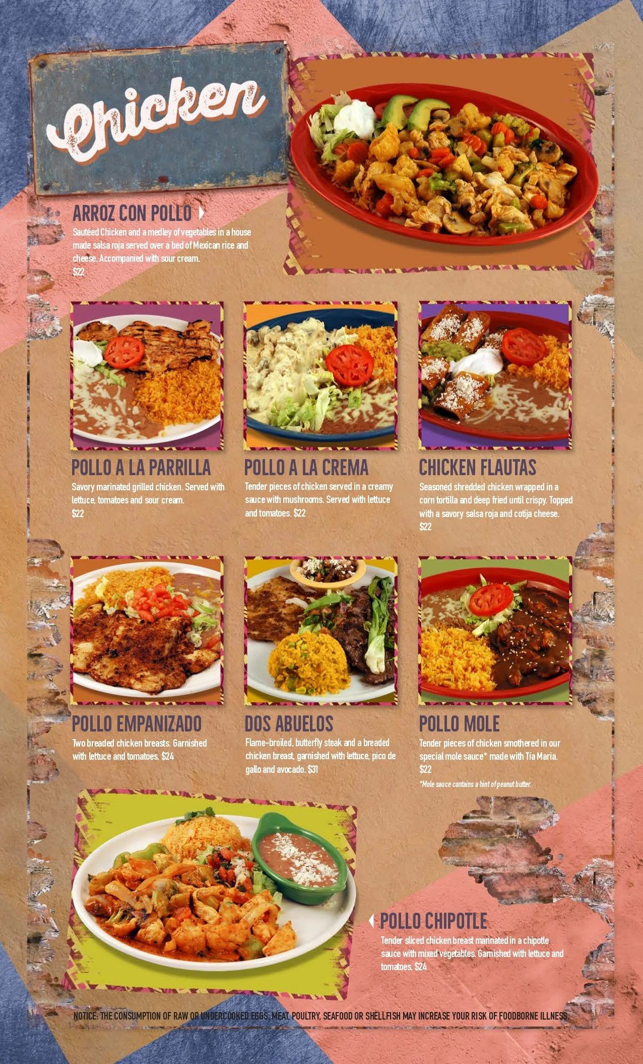 A restaurant menu featuring Mexican chicken dishes with images of each dish. The menu includes options like Arroz con Pollo, Pollo a la Parrilla, Pollo a la Crema, Chicken Flautas, Pollo Empanizado, Dos Abuelos, Pollo Mole, and Pollo Chipotle.