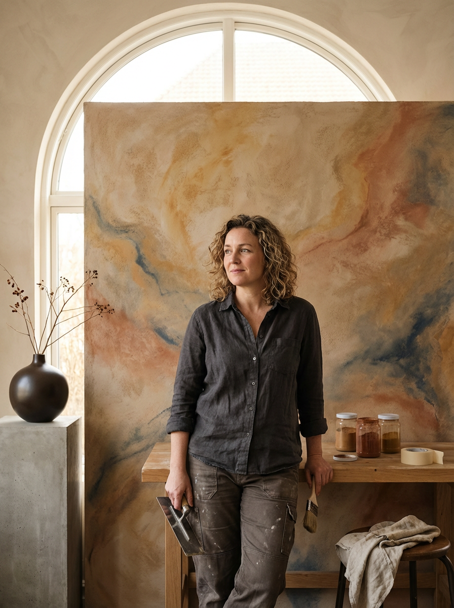 Painter standing in her NYC studio, holding paint tools, with an abstract colorful painting behind her, a vase with branches on a concrete pedestal, and various jars of paint on a wooden table.