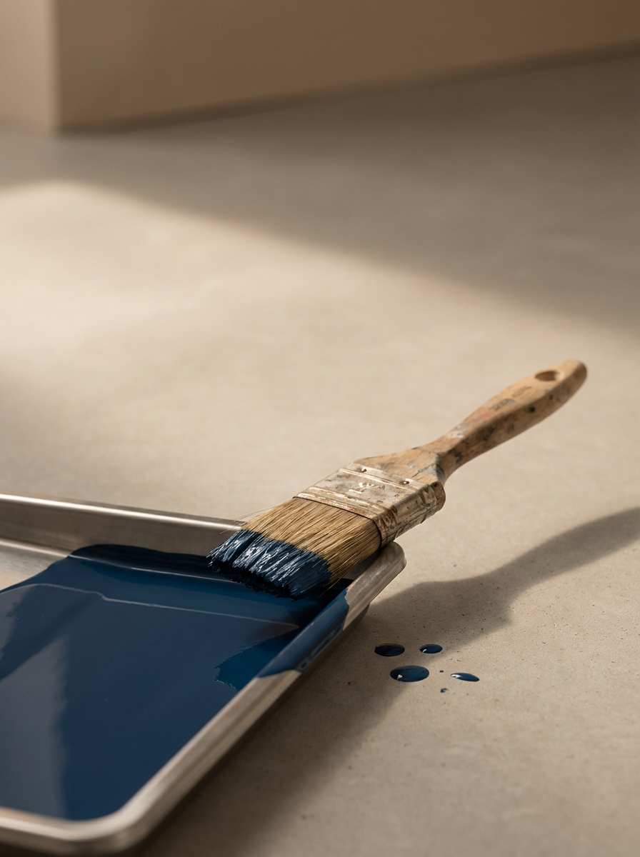 Paintbrush with blue paint resting on a paint tray, with some spilled paint on a beige surface in a residential apartment in New York (NYC).
