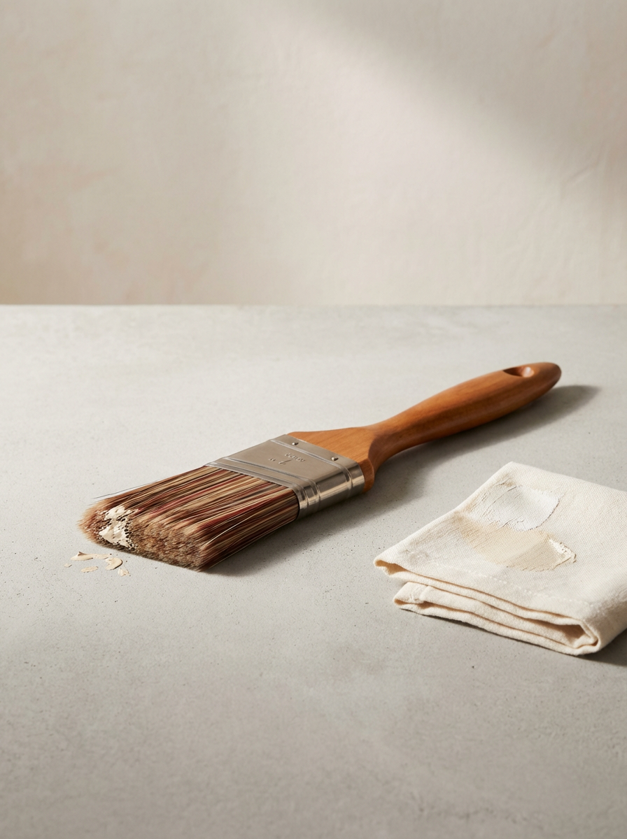 Paintbrush with dried white paint on bristles and a folded cloth with paint stains on a neutral surface.