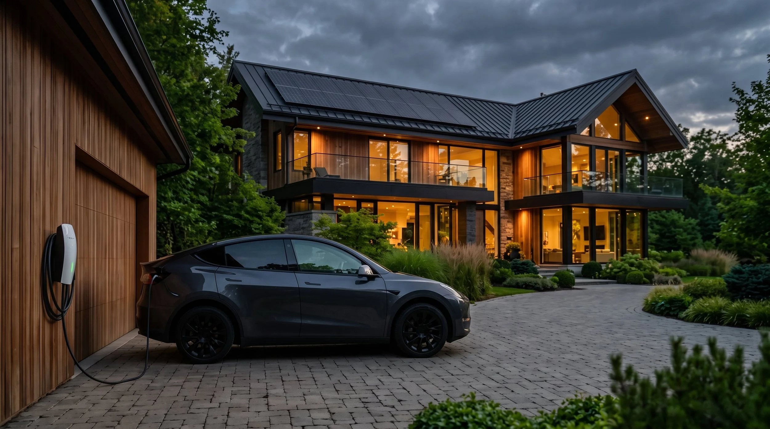 Modern two-story house with large glass windows and illuminated interior, surrounded by greenery, with a driveway and a Tesla electric vehicle plugged into a charging station.