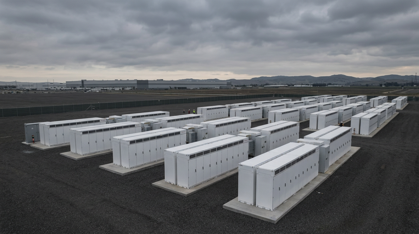 Multiple white industrial electrical or telecommunications containers arranged in rows on a dark gravel surface under cloudy sky, with distant industrial buildings and hills in the background.