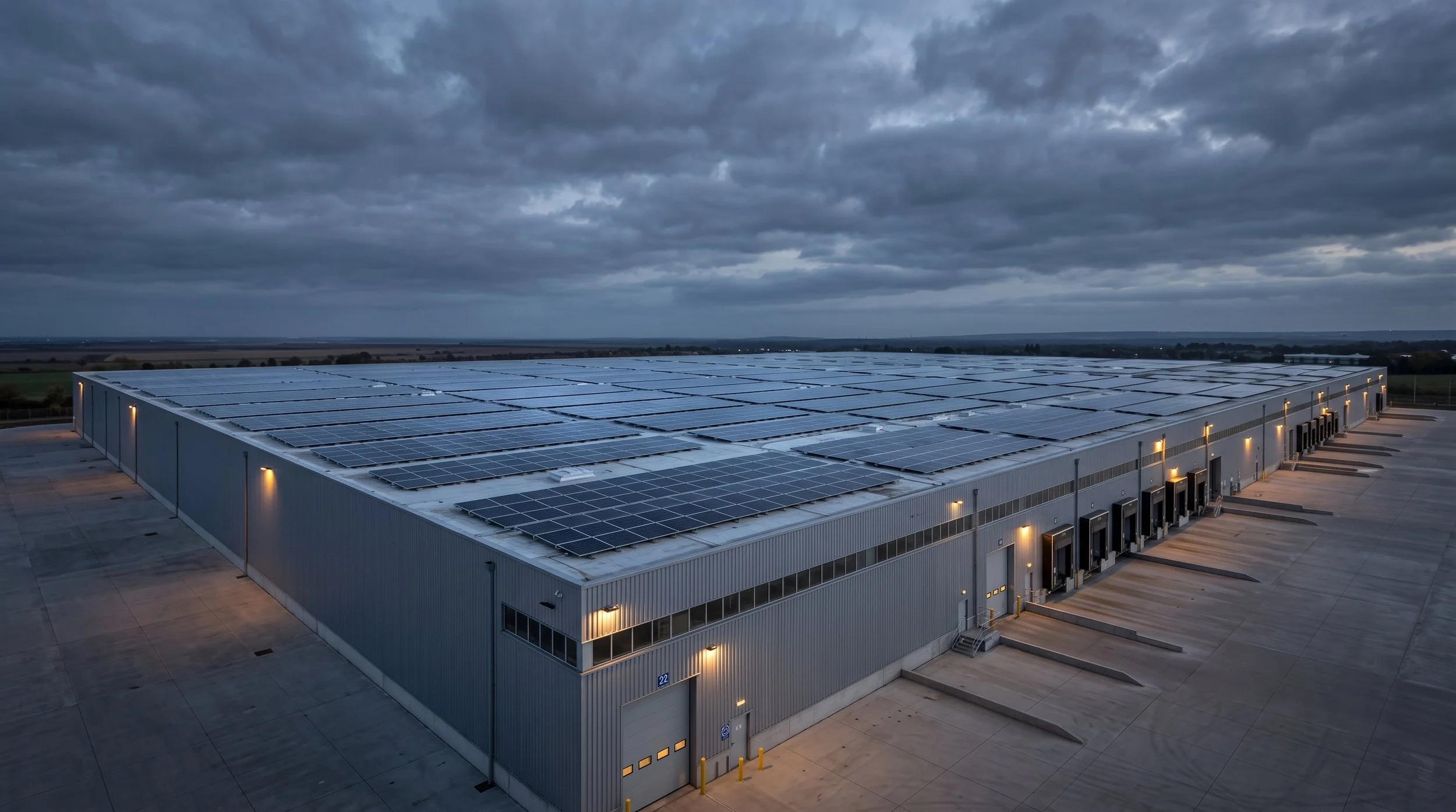 Large industrial building with solar panels on the roof under a cloudy sky, illuminated by exterior lights, with an expansive parking lot surrounding it.