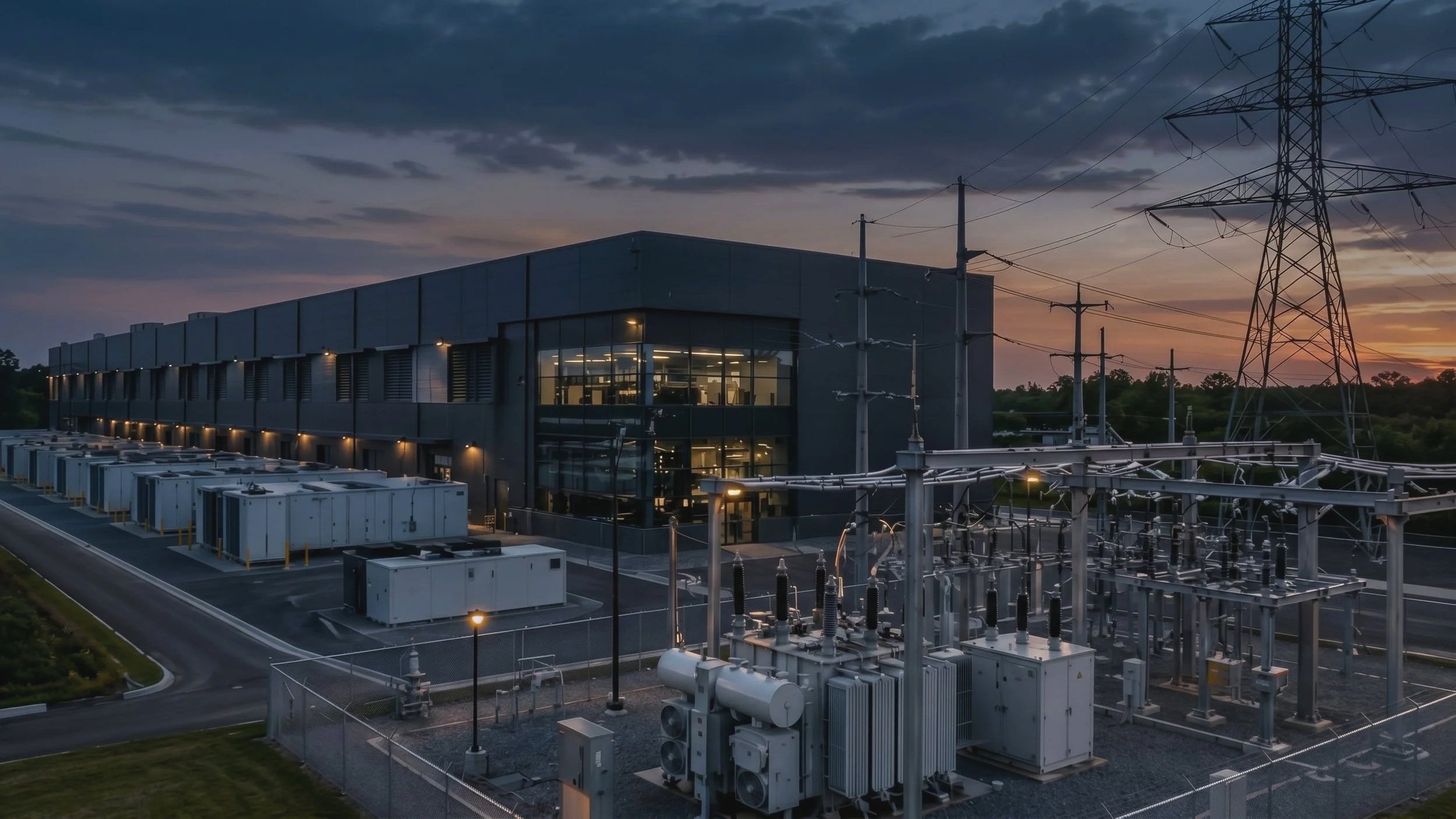 An industrial facility with a modern building and electrical infrastructure, including power lines and transformers, during sunset or dusk.