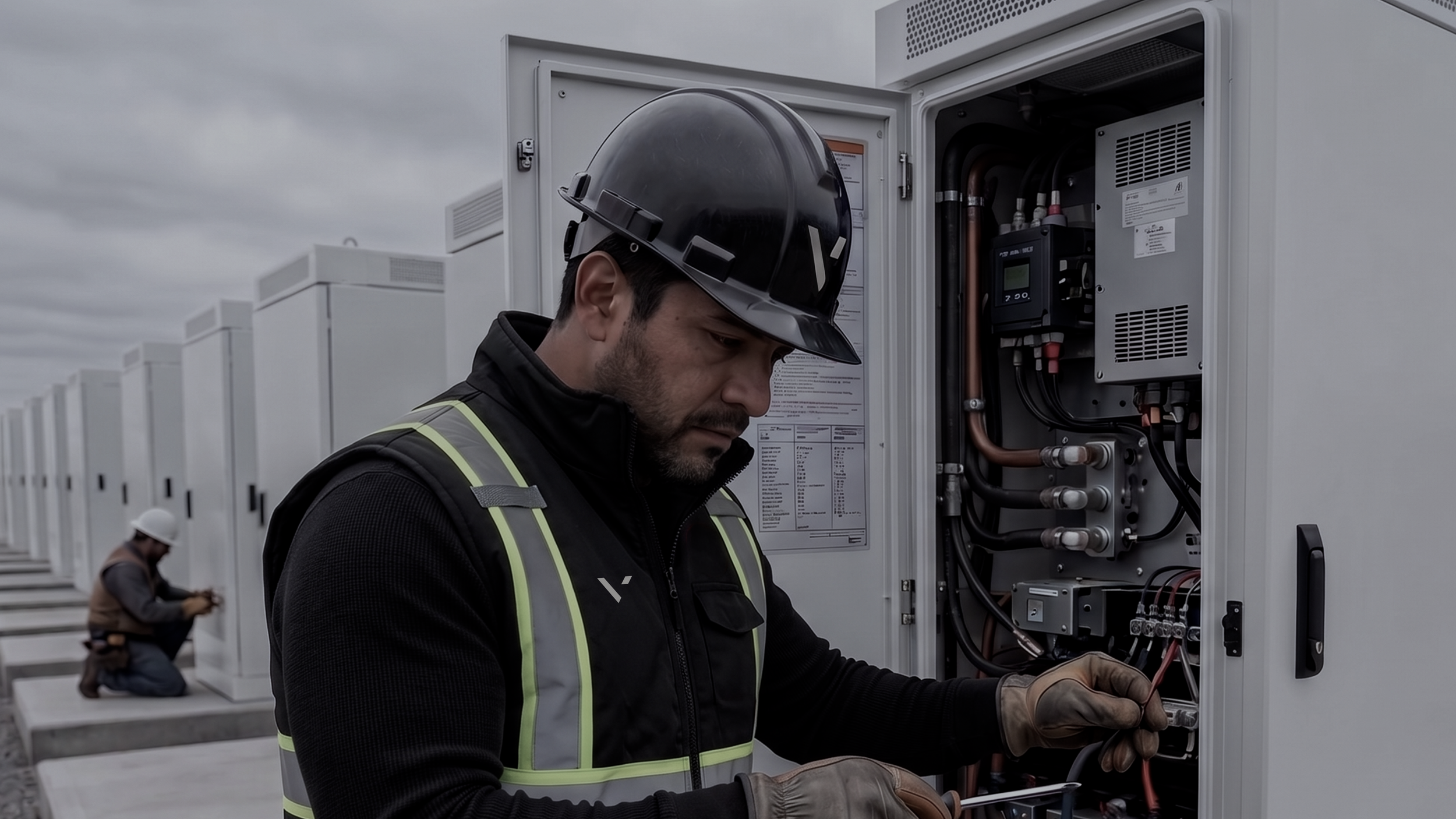 A male technician working on electrical panels at an outdoor site with a cloudy sky overhead.