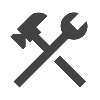 A black icon of a wrench and a hammer crossed