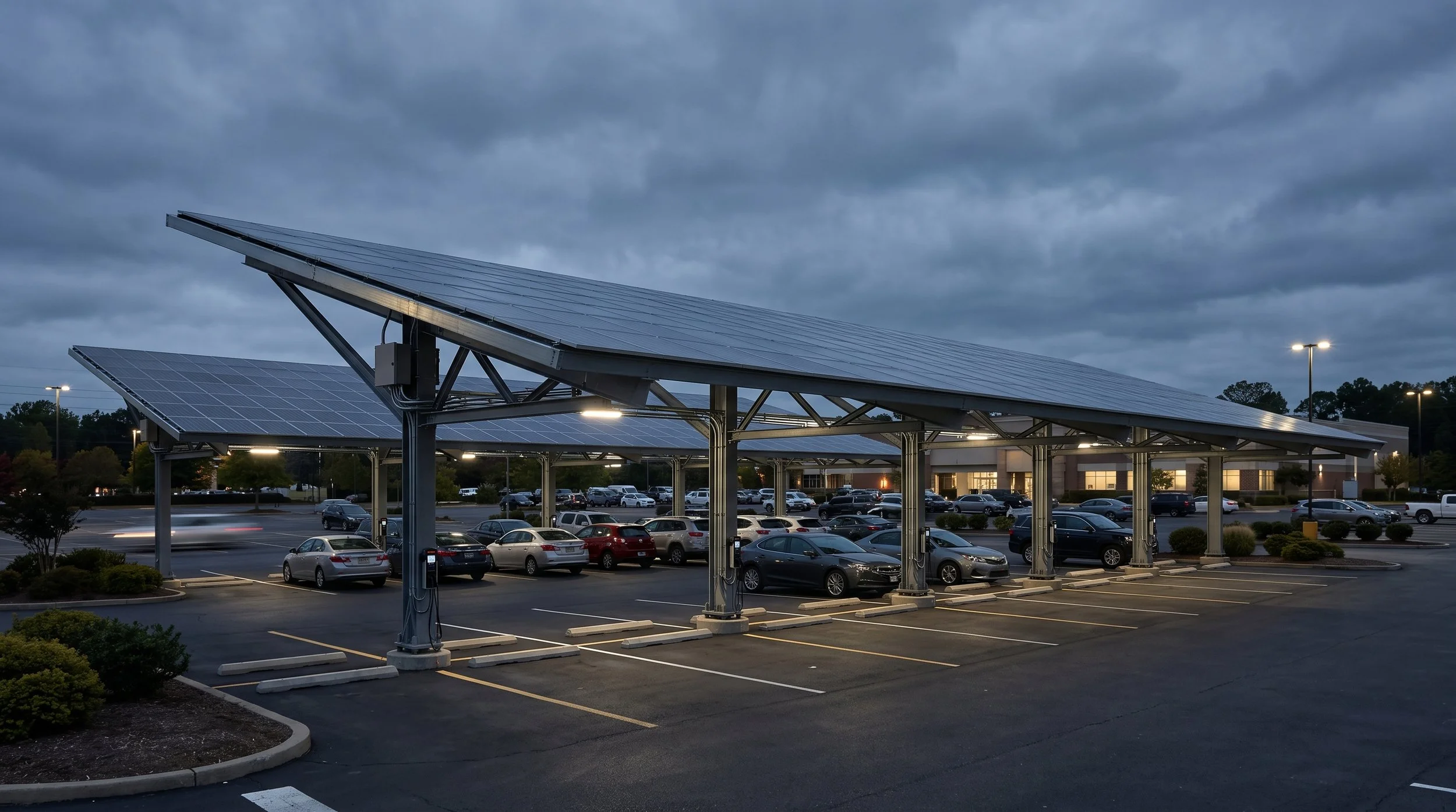 Parking lot with electric vehicle charging stations and solar panel canopies during evening.