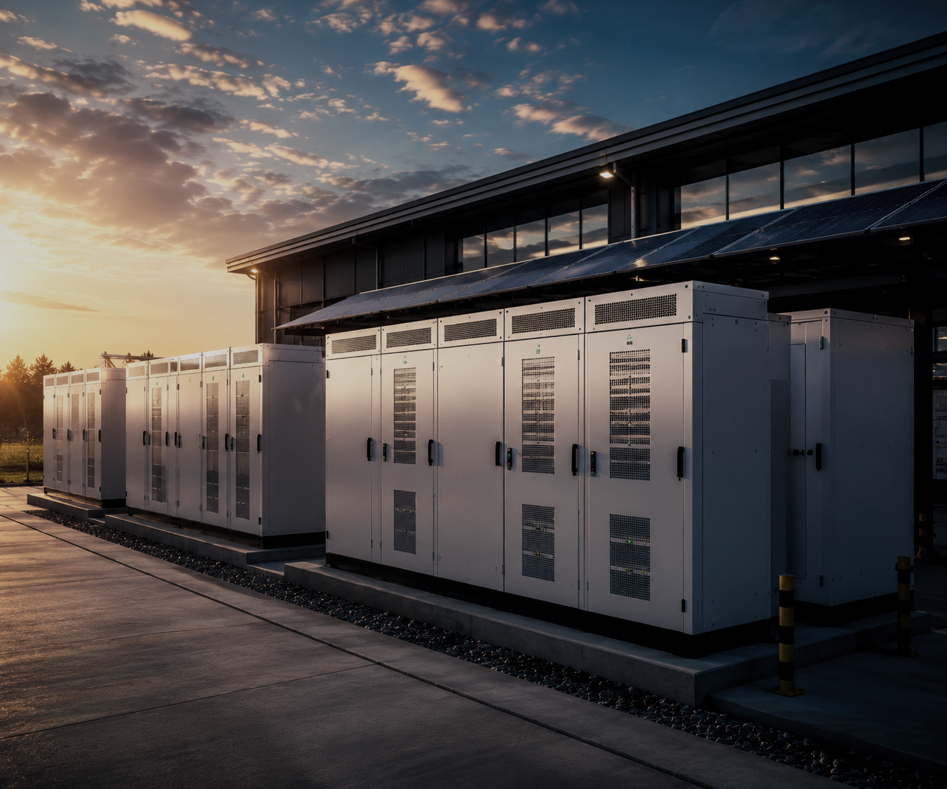 Series of large white electrical cabinets outside a modern building during sunset.