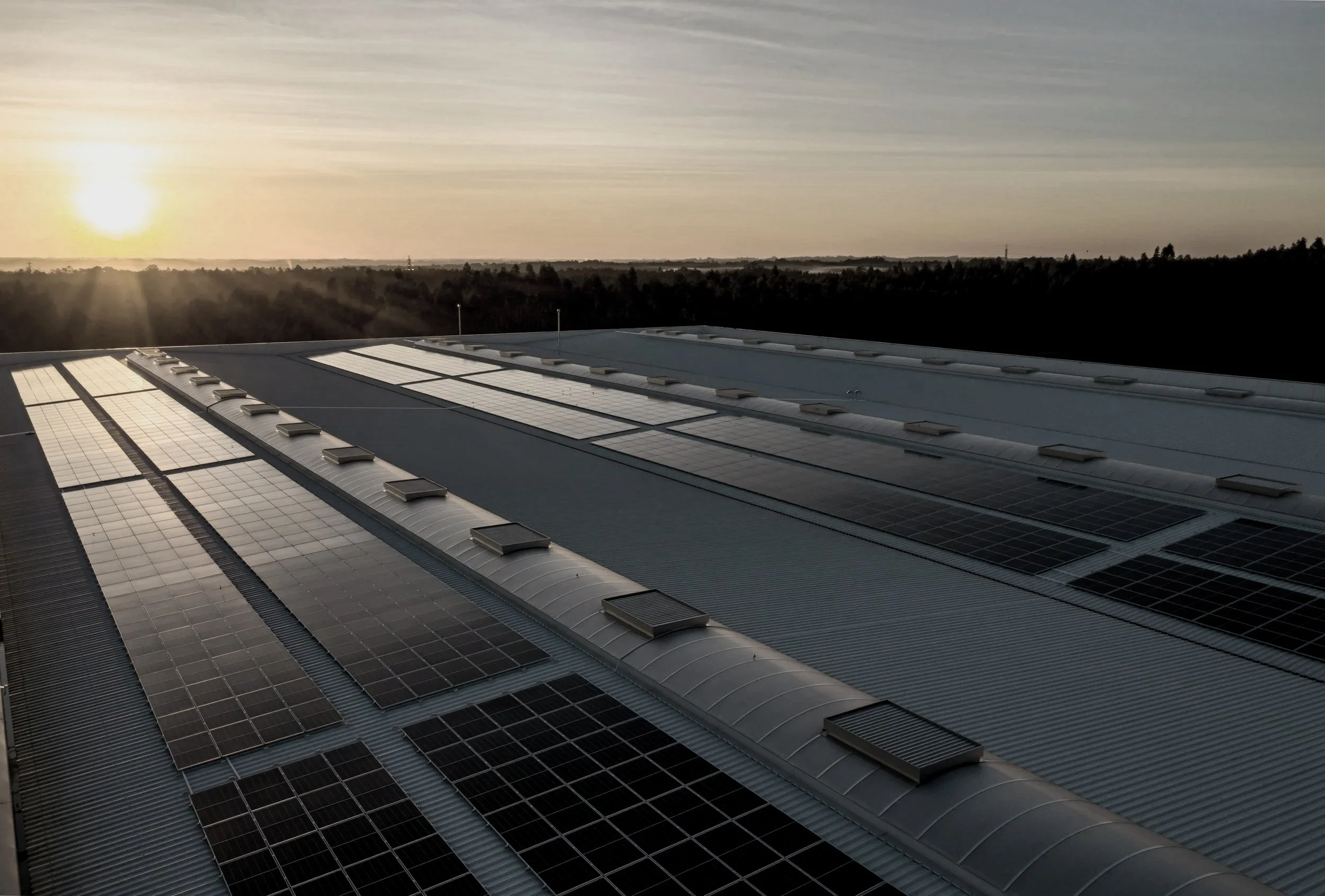 Sunset over a rooftop with solar panels, with a view of trees and a distant horizon.