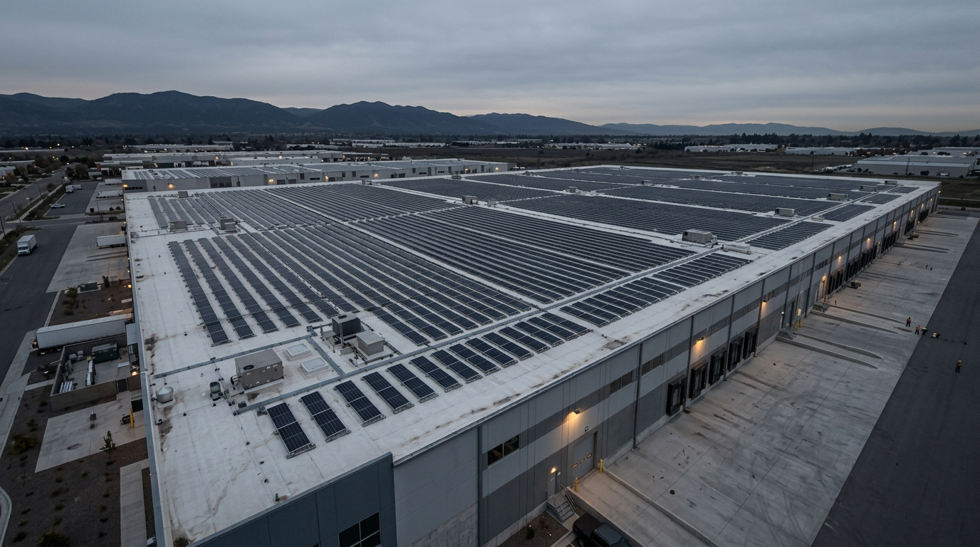 An expansive industrial warehouse with solar panels on the roof, surrounded by a parking lot and distant mountains.