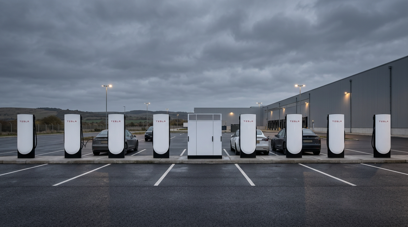 Electric vehicle charging station with several Tesla chargers and parked cars under a cloudy sky.