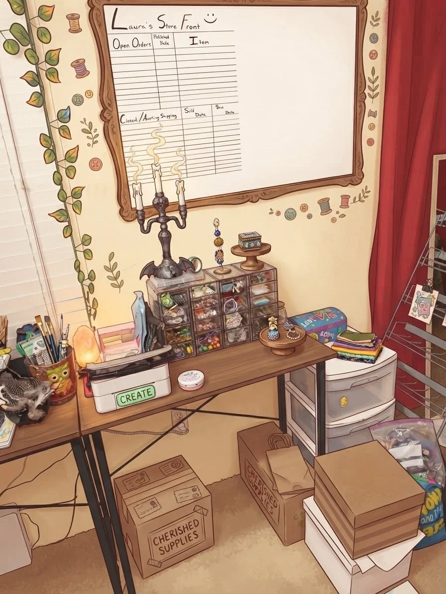 A craft or jewelry workspace with a wooden desk, storage boxes, and crafting supplies. A whiteboard on the wall has 'Laura's Store Front' written on it, with columns for open orders and items. The desk features organized containers, a 'CREATE' sign, a salt lamp, and decorative jewelry pieces. There are small boxes labeled 'Cherished Supplies' and other labeled boxes underneath the desk.