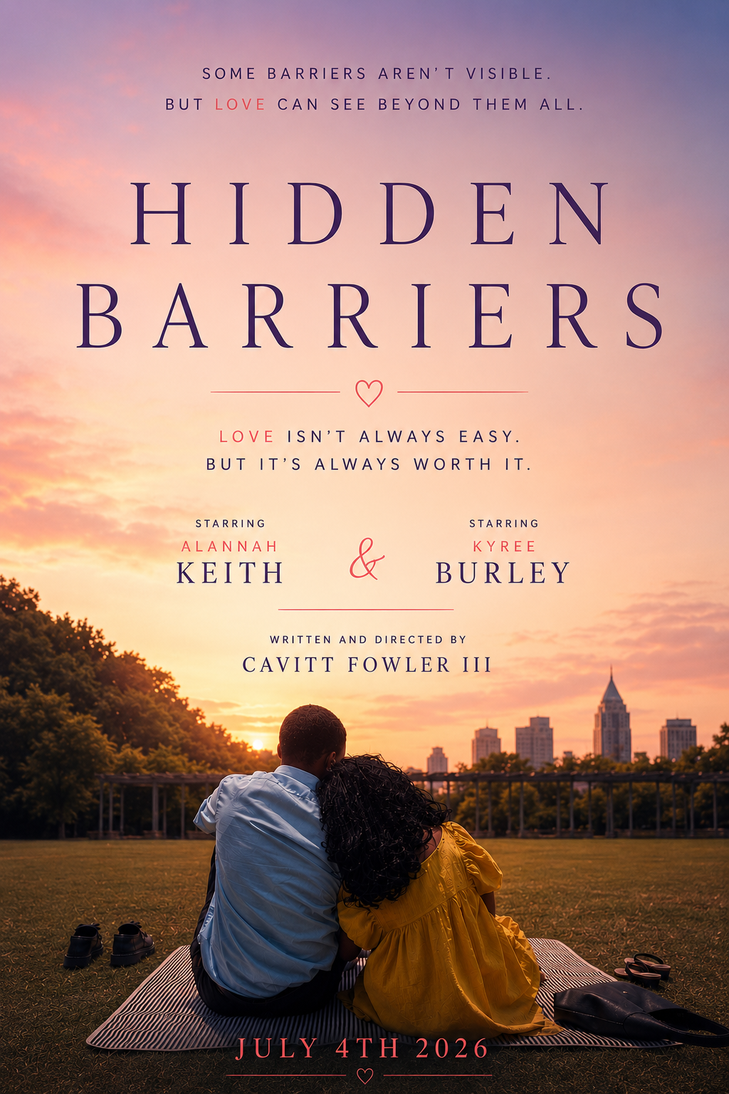 A movie poster for 'Hidden Barriers' showing a sunset over a cityscape, with a couple sitting closely on a picnic blanket in the foreground, one wearing a yellow dress and the other in a white shirt.