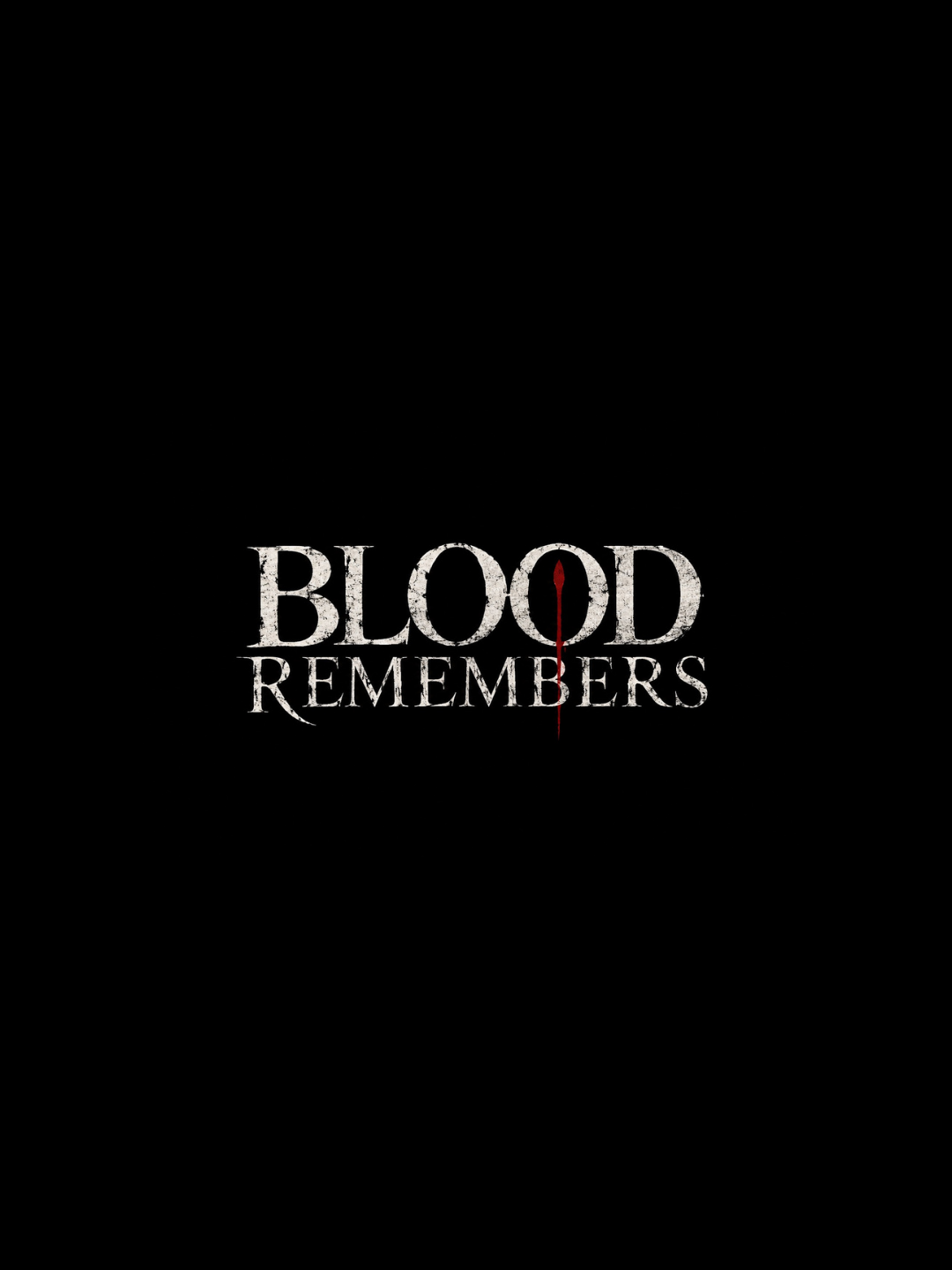 Dark background with the title 'Blood Remembers' in white, distressed text; the 'O' in 'Blood' is a red vertical line resembling a bloody stain.