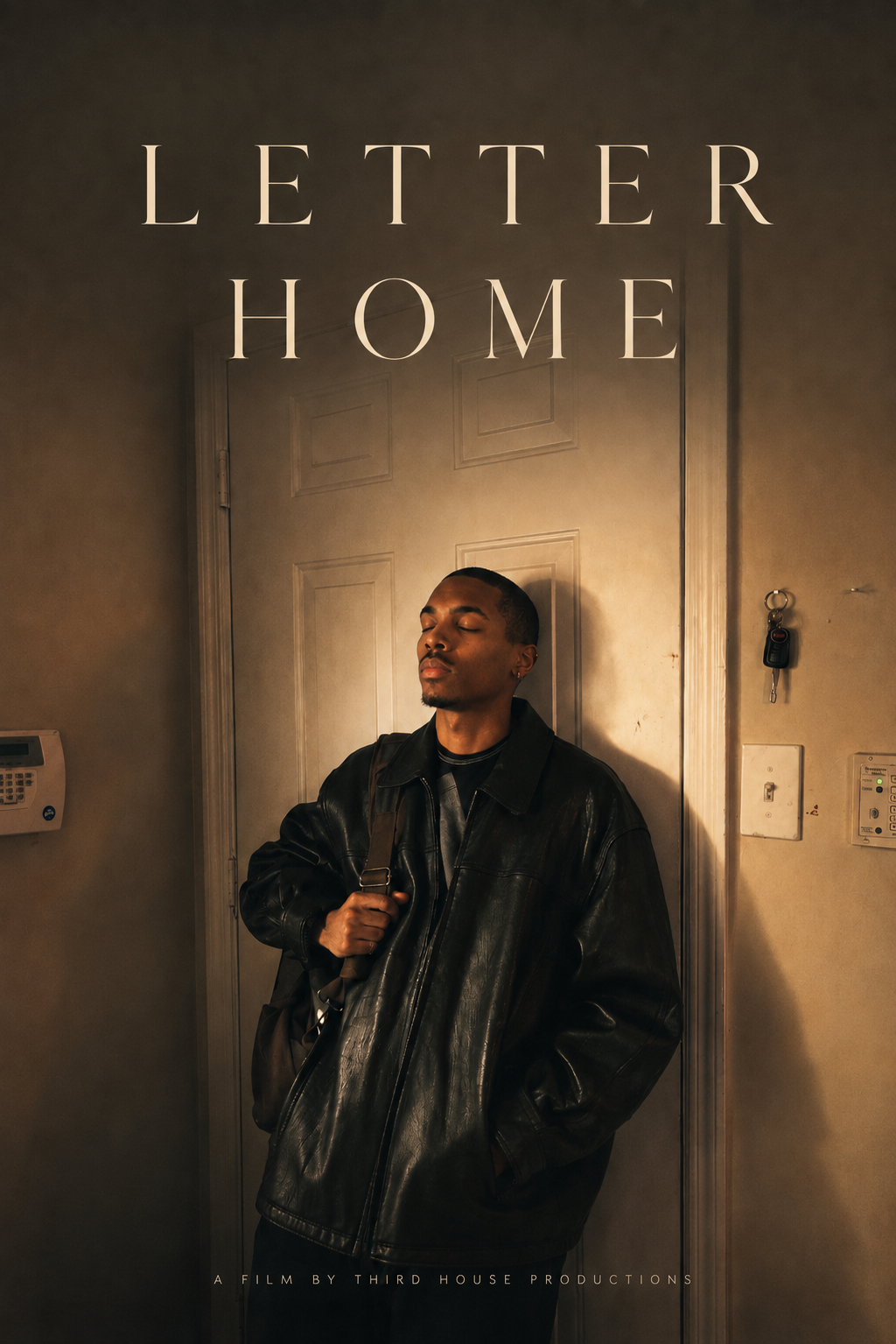 A young man wearing a black leather jacket and carrying a backpack, standing with eyes closed against a beige door with warm lighting.