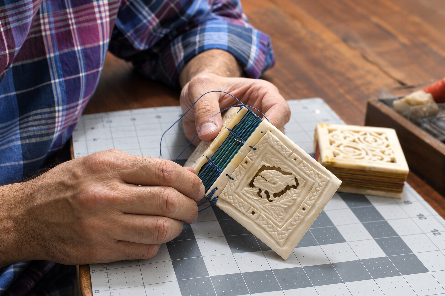 Hands stitching an artist’s book with carved covers and blue thread.