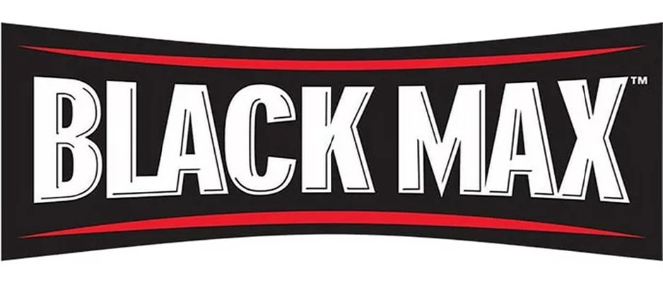 Logo for Black Max with bold white letters on a black background, accented with red curved lines above and below.