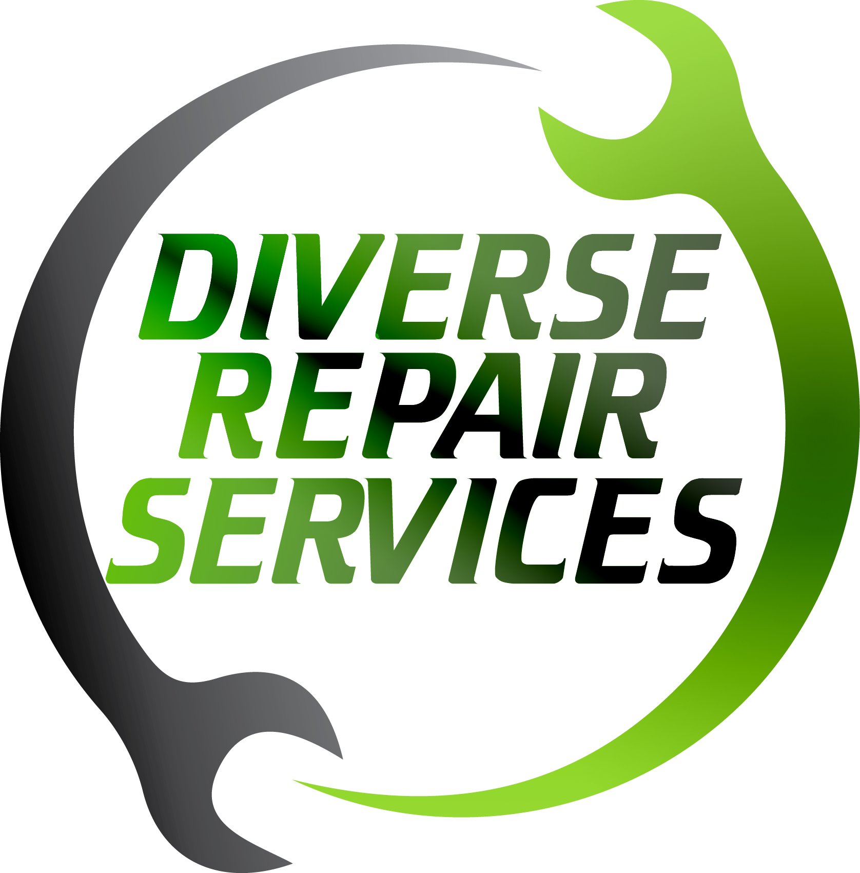 Green and gray 3D text that reads 'DIVERSE REPAIR SERVICES' against a dark background with a green arrow pointing right.