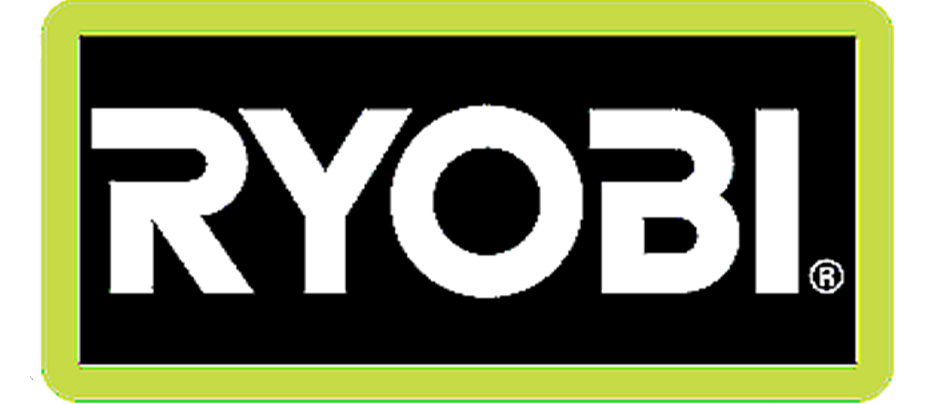 Ryobi logo on a black background with a lime green border.