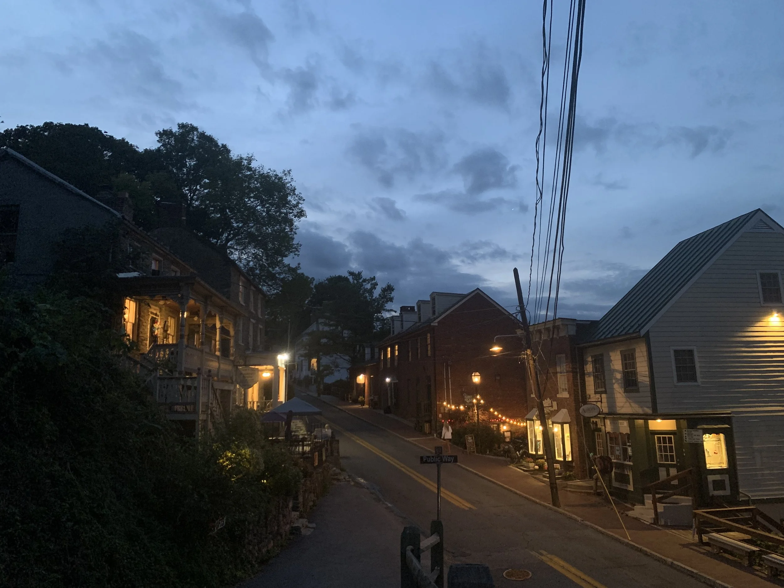 #8 A quiet residential street during twilight with houses, trees, and streetlights on. Overcast sky with dark clouds.