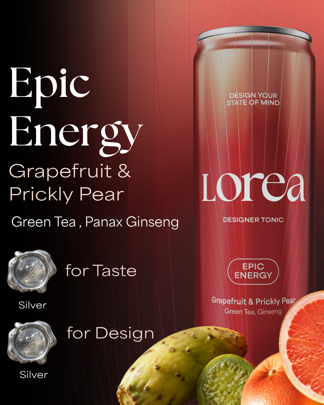 A can of Lorea Epic Energy Designer Tonic with grapefruit and prickly pear flavors. The can is pink with white text and is surrounded by grapefruit and prickly pear fruits. The text highlights ingredients like grapefruit, prickly pear, green tea, and