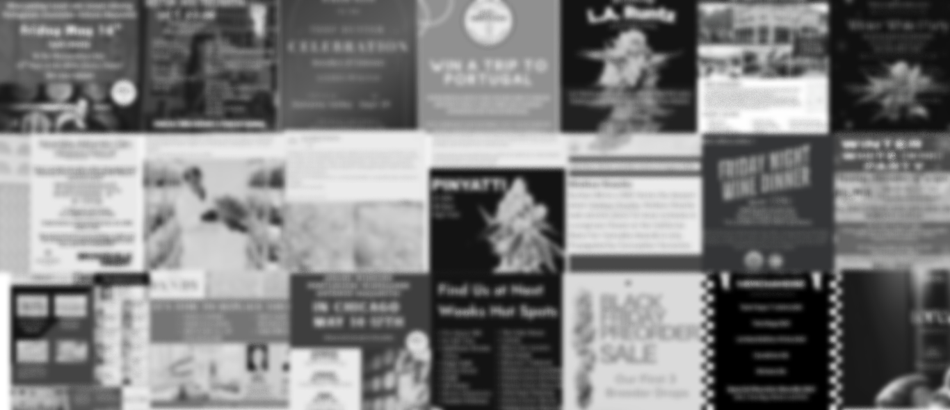 A collage of various black and white promotional posters and advertisements.