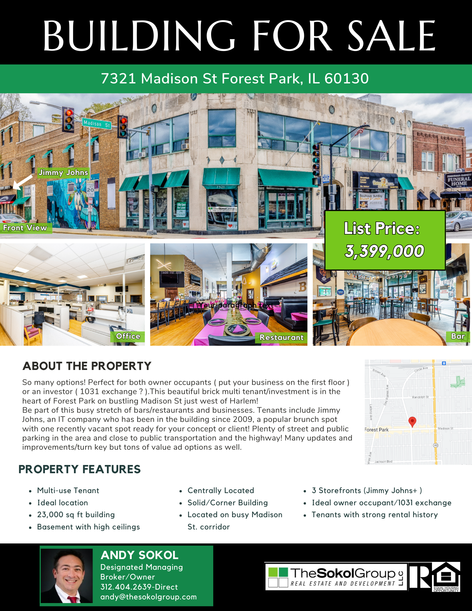 A real estate flyer advertising a building for sale at 7321 Madison Street, Forest Park, Illinois. The flyer features an exterior street view of the building, interior shots of office, restaurant, bar, and additional photos with labels. It includes p
