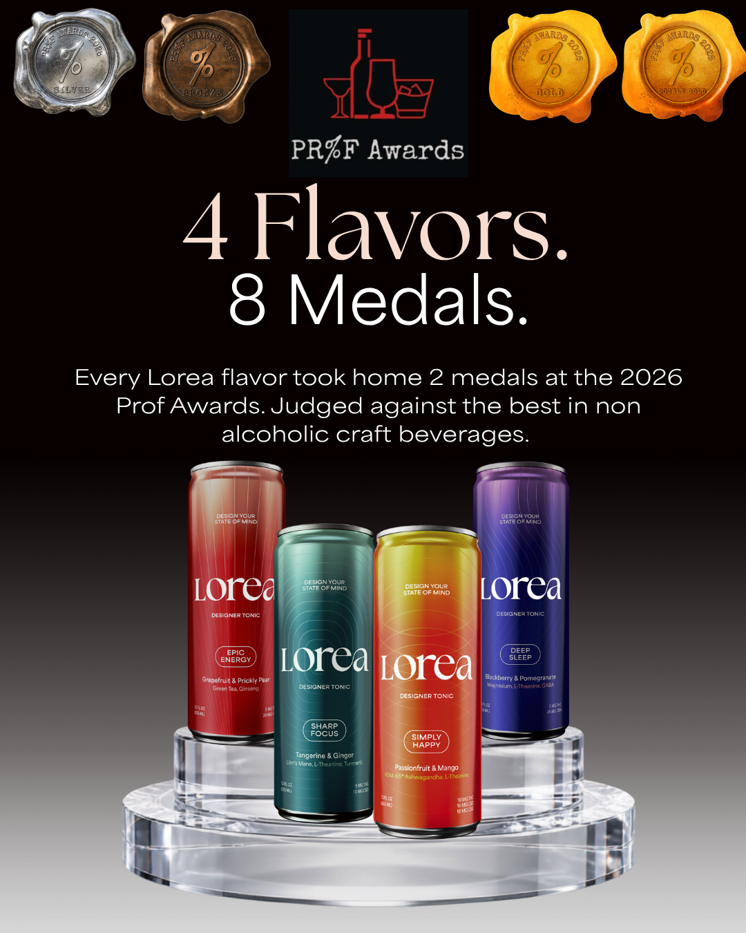 Four colorful canned beverages labeled as Lorea designer tonics with different flavors and purposes, displayed on a transparent circular platform, along with eight award medals at the top, and a logo for PR%F Awards.