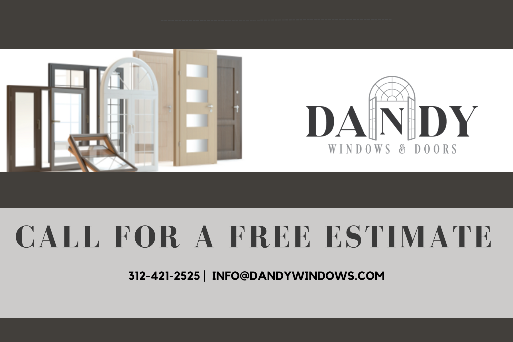 Advertisement for Dandy Windows & Doors offering free estimates, with contact information displayed.