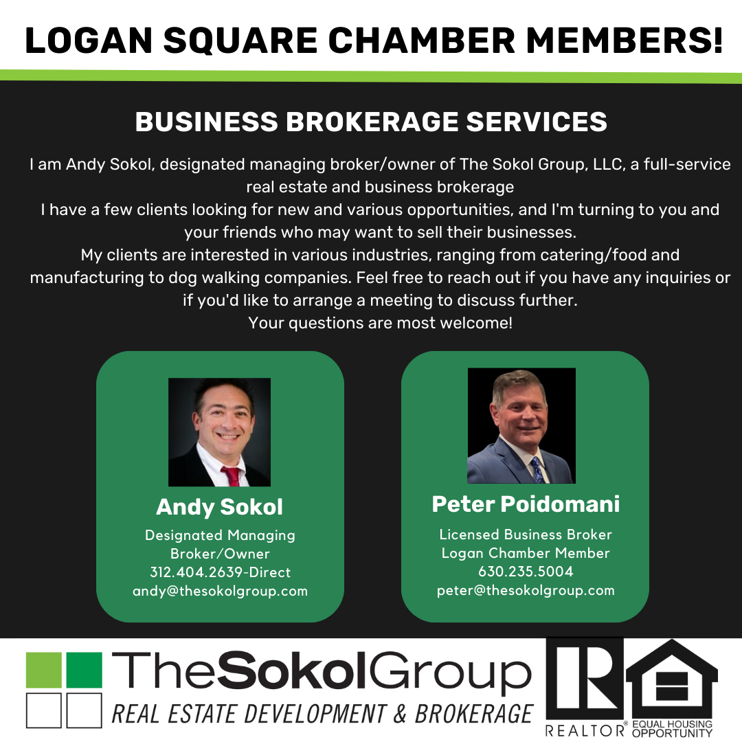 Business advertisement poster for Logan Square Chamber Members, featuring Andy Sokol and Peter Poidomani, promoting real estate and business brokerage services from The Sokol Group.