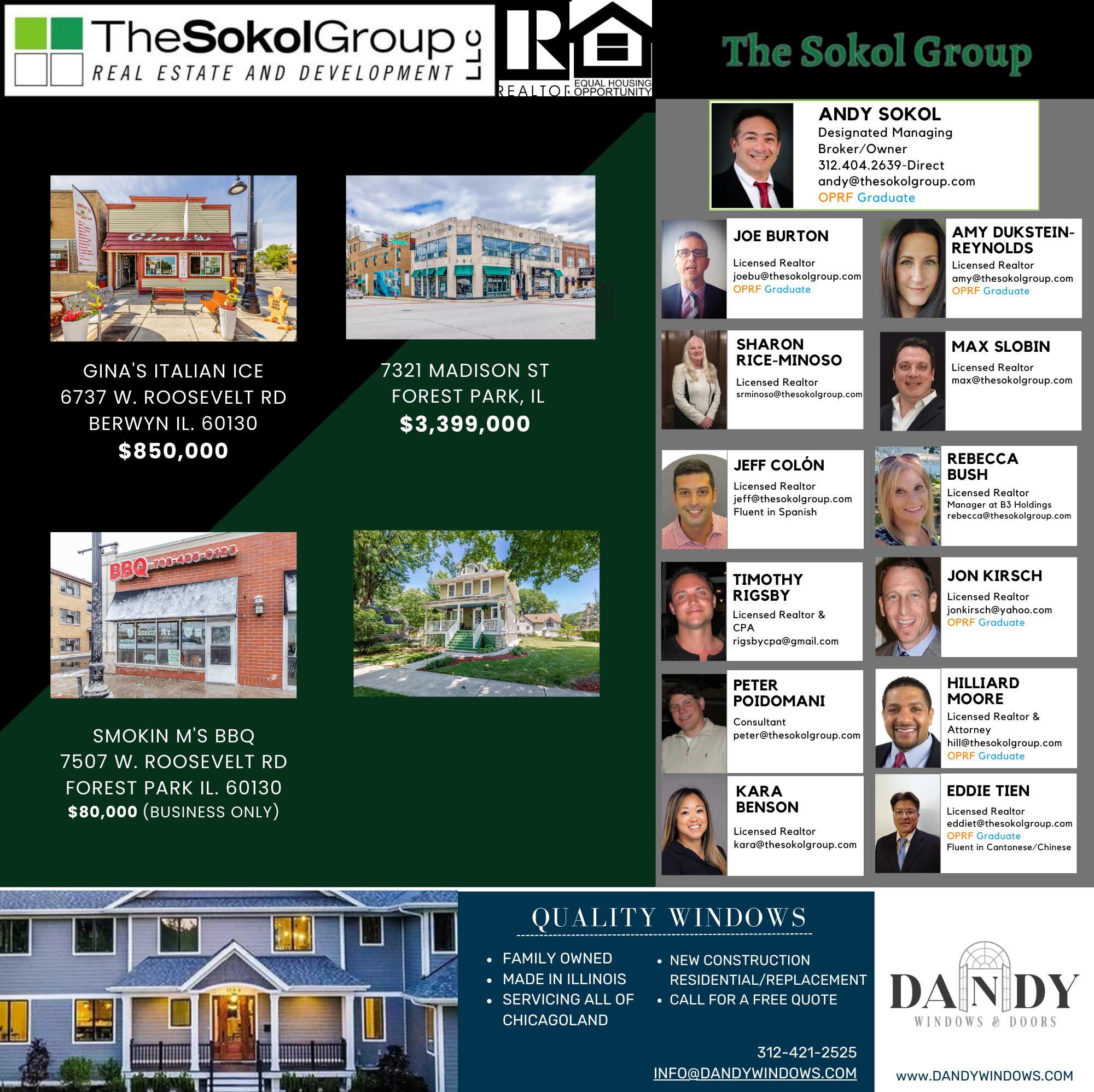 Business card for The Sokol Group and Dandy Windows & Doors with contact information, photos, and images of storefronts and houses.