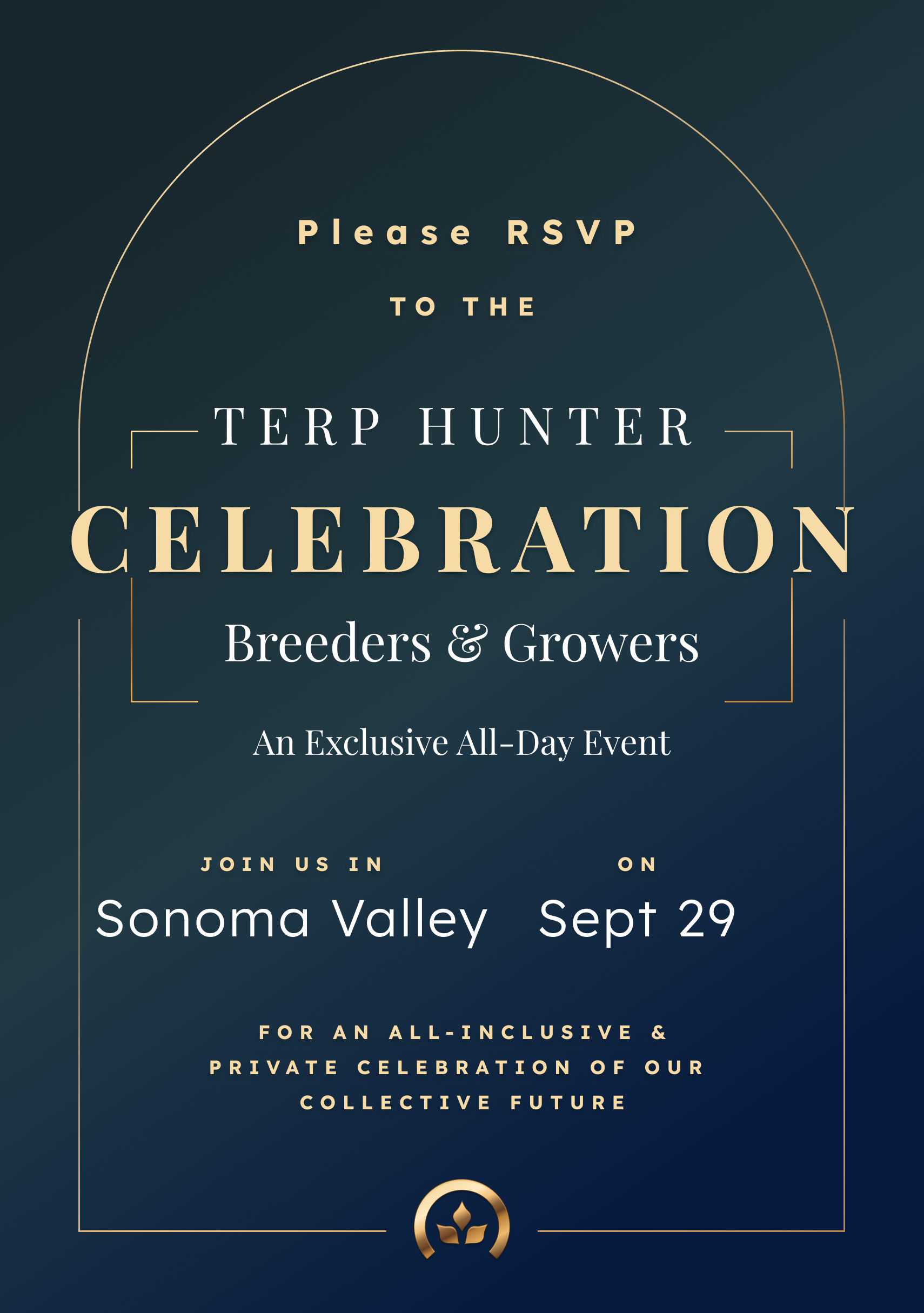 Invitation to a celebration event for breeders and growers by Terp Hunter, scheduled for September 29 in Sonoma Valley, inviting attendees for an inclusive and private celebration of the community's future.