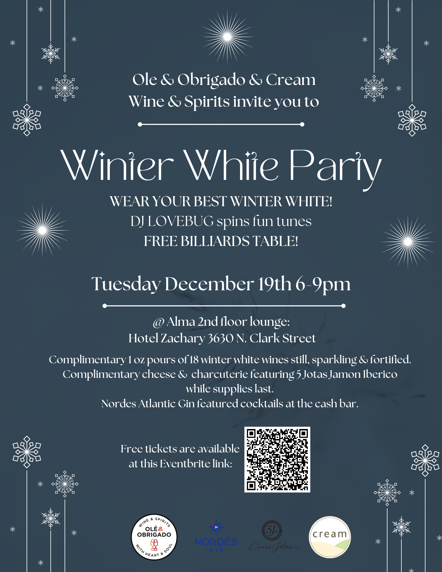 Invitation to a winery winter white party on Tuesday, December 19th from 6 to 9 pm at Alma 2nd floor lounge, Hotel Zachary, 3630 N. Clark Street. Includes details about dress code, entertainment by DJ LoveBug, free billiards, complimentary drinks, ch