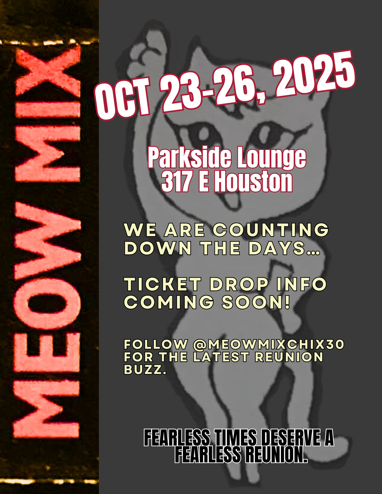 Event poster for a reunion taking place from October 23 to October 26, 2025, at Parkside Lounge, 317 E Houston. The poster features a graphic of two cats and has a hashtag @meowmixchix30 for updates.
