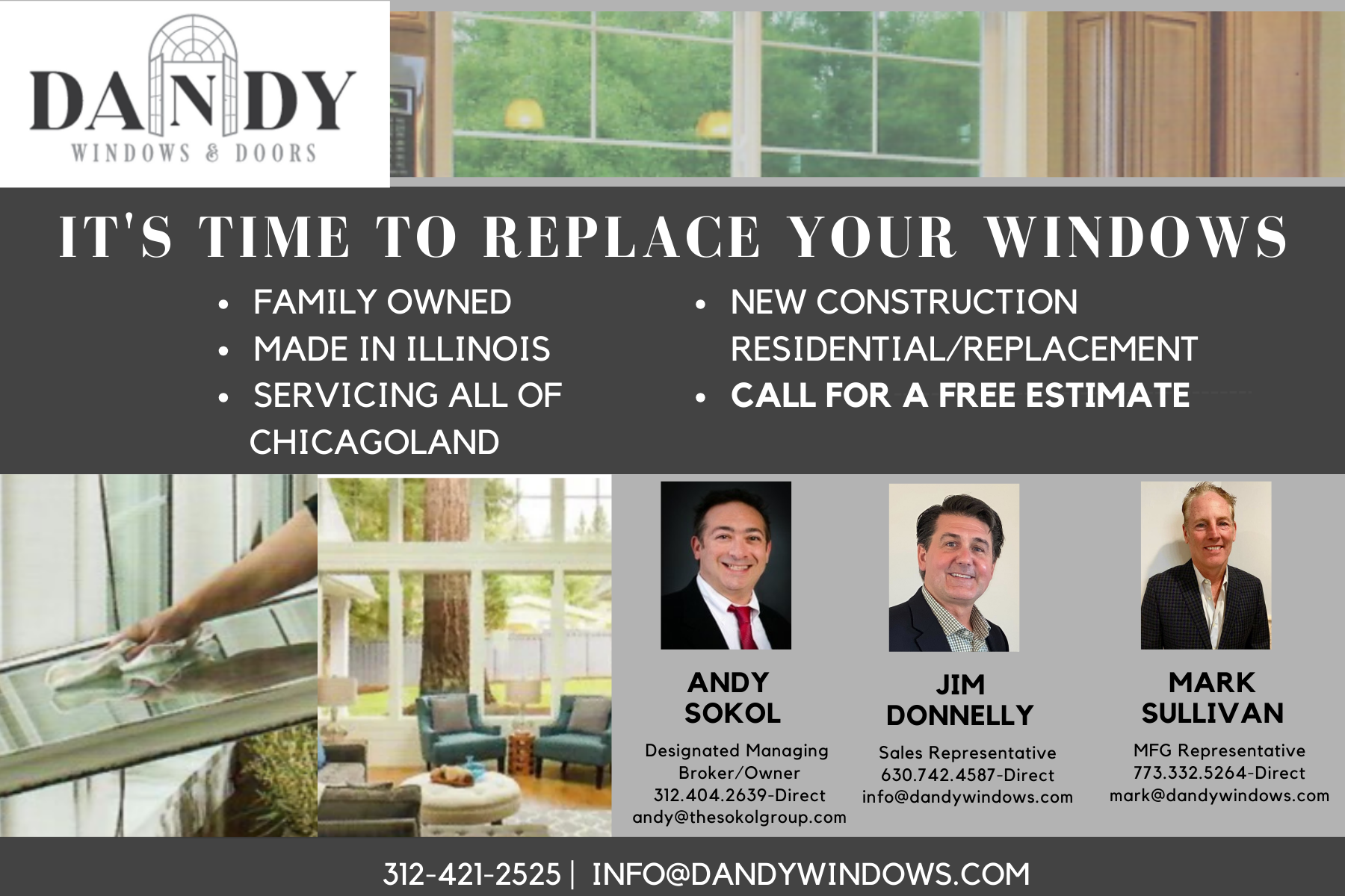 An advertisement for Dandy Windows & Doors featuring their services, contact information, and photos of three sales representatives, Andy Sokol, Jim Donnelly, and Mark Sullivan, with images of windows and a living room interior.