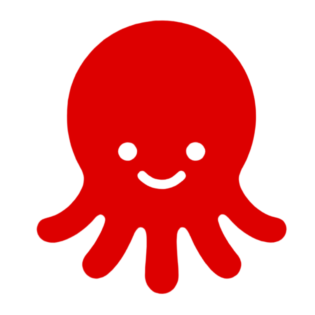 A cute, cartoon red octopus with a smiling face and black eyes