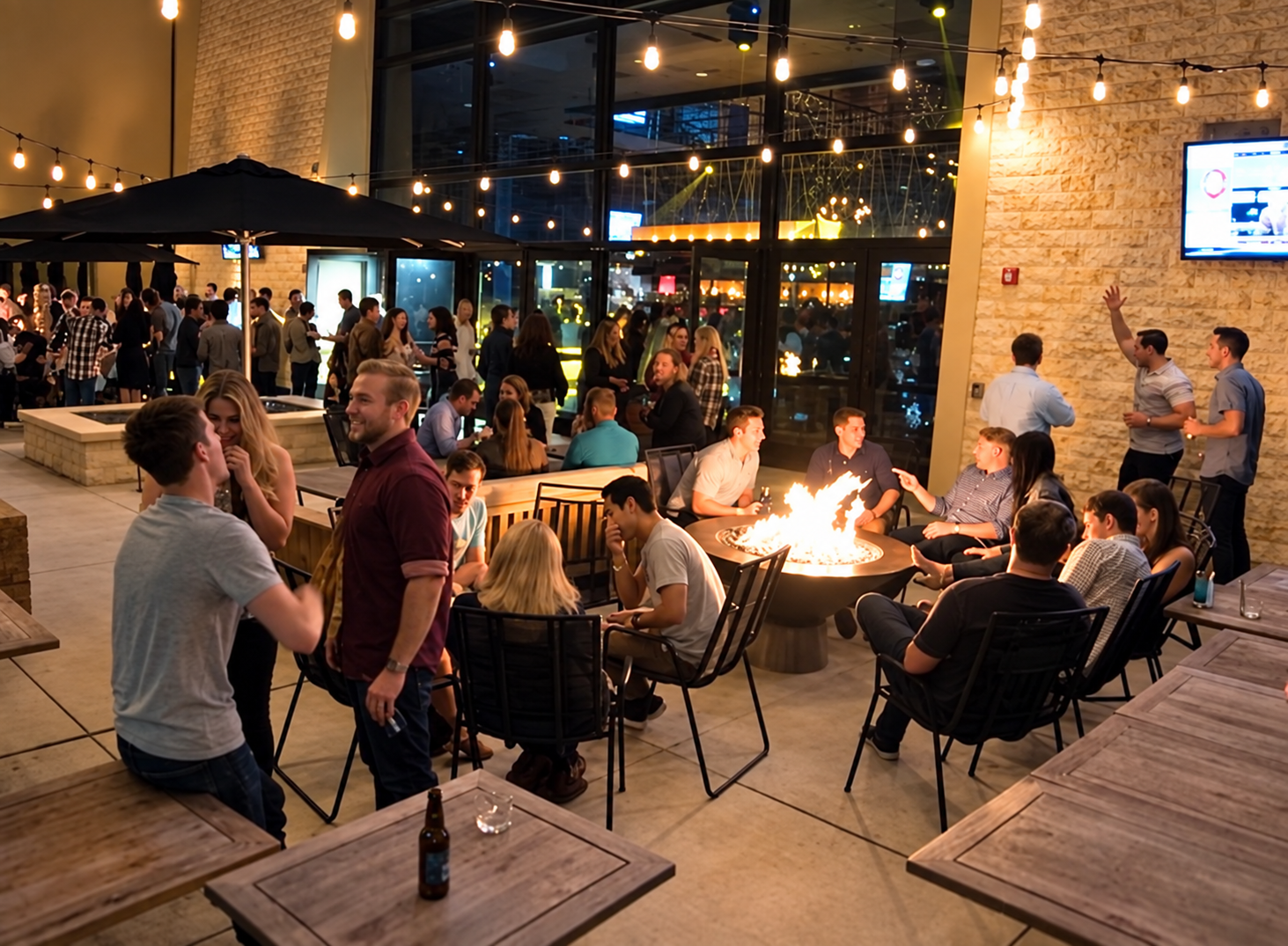 An indoor/outdoor bar or restaurant patio filled with people socializing, sitting around tables, and enjoying drinks and food. There is a fire pit in the center, overhead string lights, large windows, and a relaxed, lively atmosphere at night.