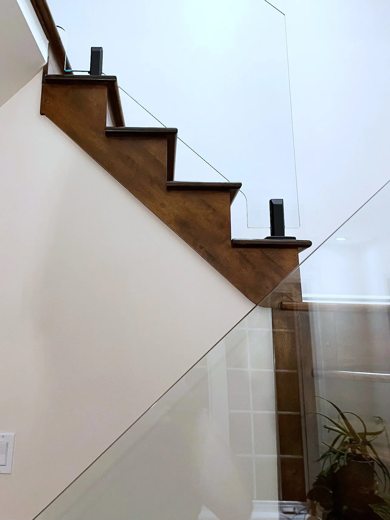Une vue intérieure d'une escalier en bois avec une rampe en câble métallique et une télévision ou un haut-parleur posé en haut de l'escalier. Il y a une porte en verre au fond avec un meuble en bois et une plante à côté.