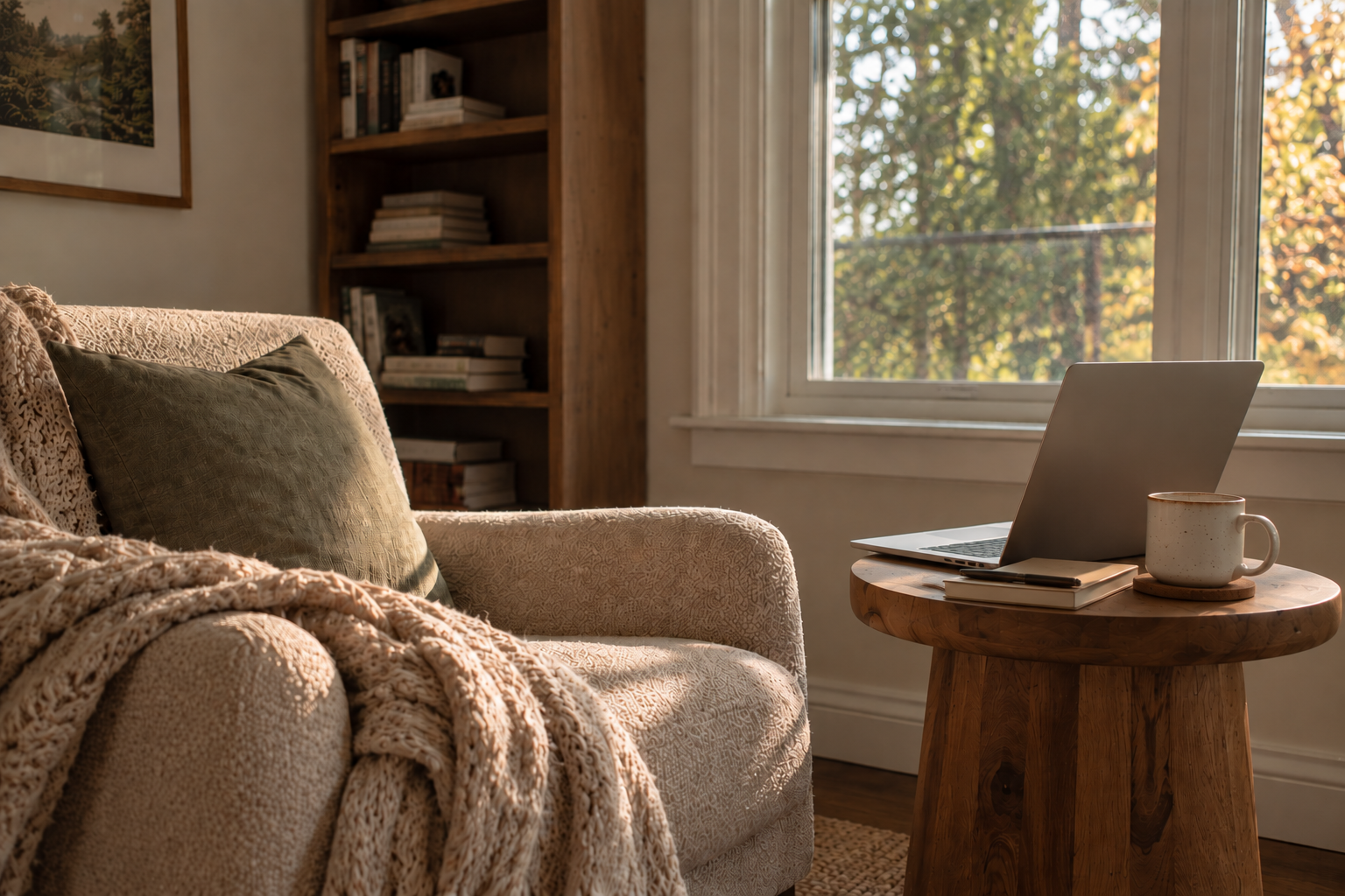 Comfortable home setting for virtual therapy.