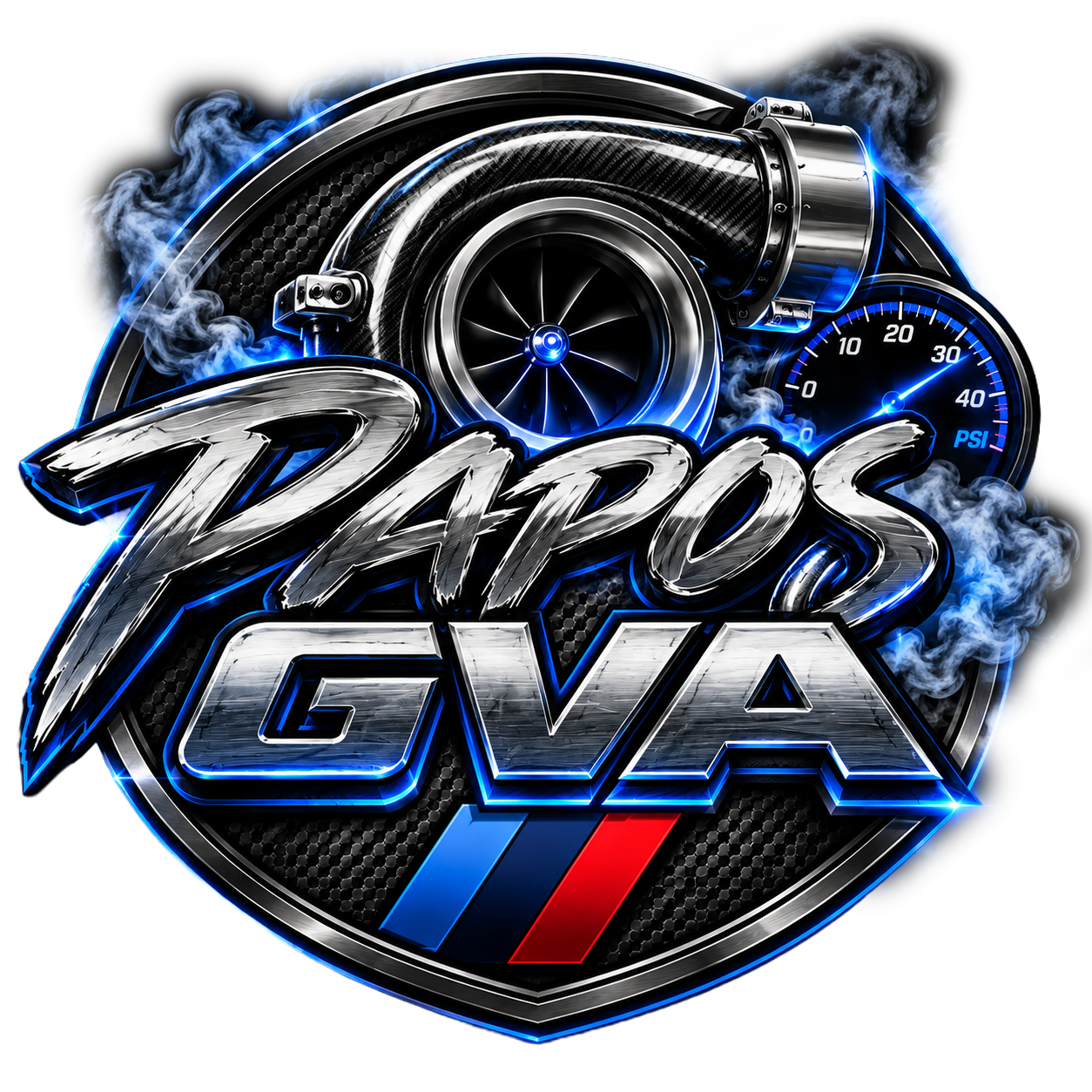 Logo for Papos GVA with a turbocharger, speedometer, smoke effects, and stylized text, featuring a black background and blue and red accents.