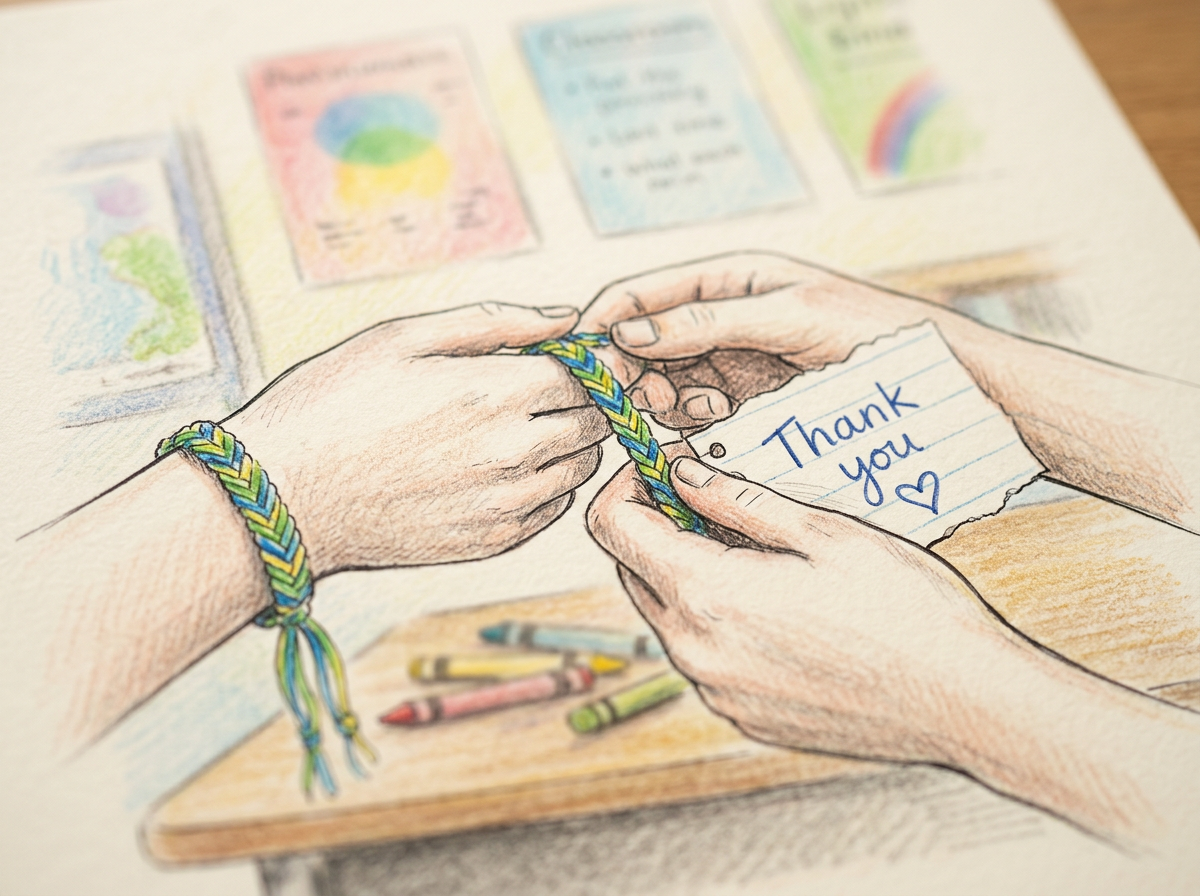 Hands holding a colorful woven bracelet and a note that says 'Thank you' with a heart, with crayons and colorful posters in the background.