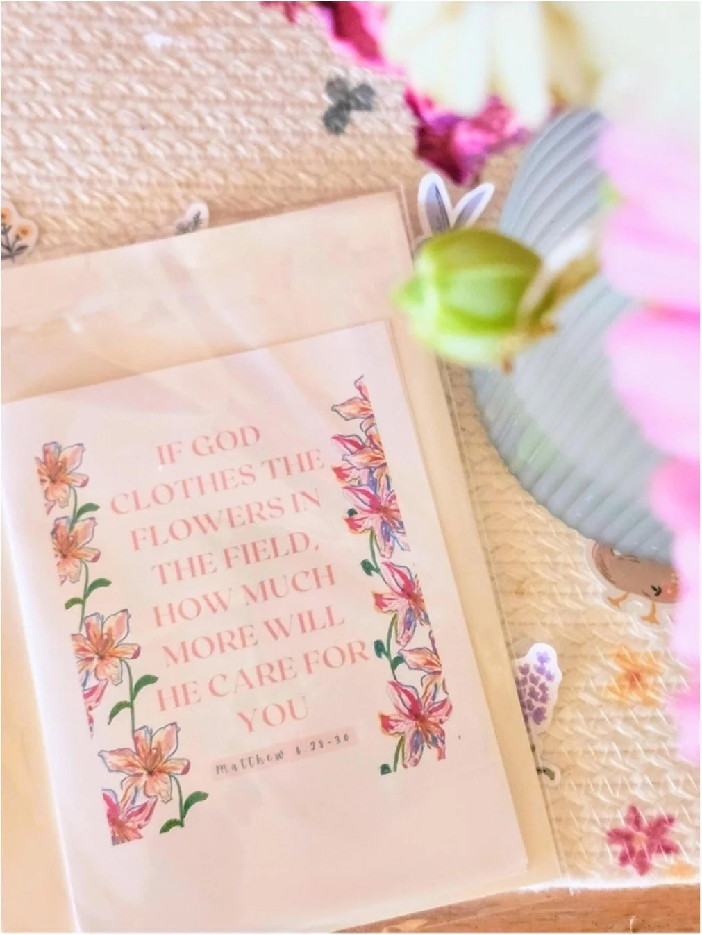"If God Clothes the Wildflowers” Bible Verse Catholic Card