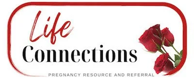 Logo for Life Connections, a pregnancy resource and referral organization, featuring three red roses.