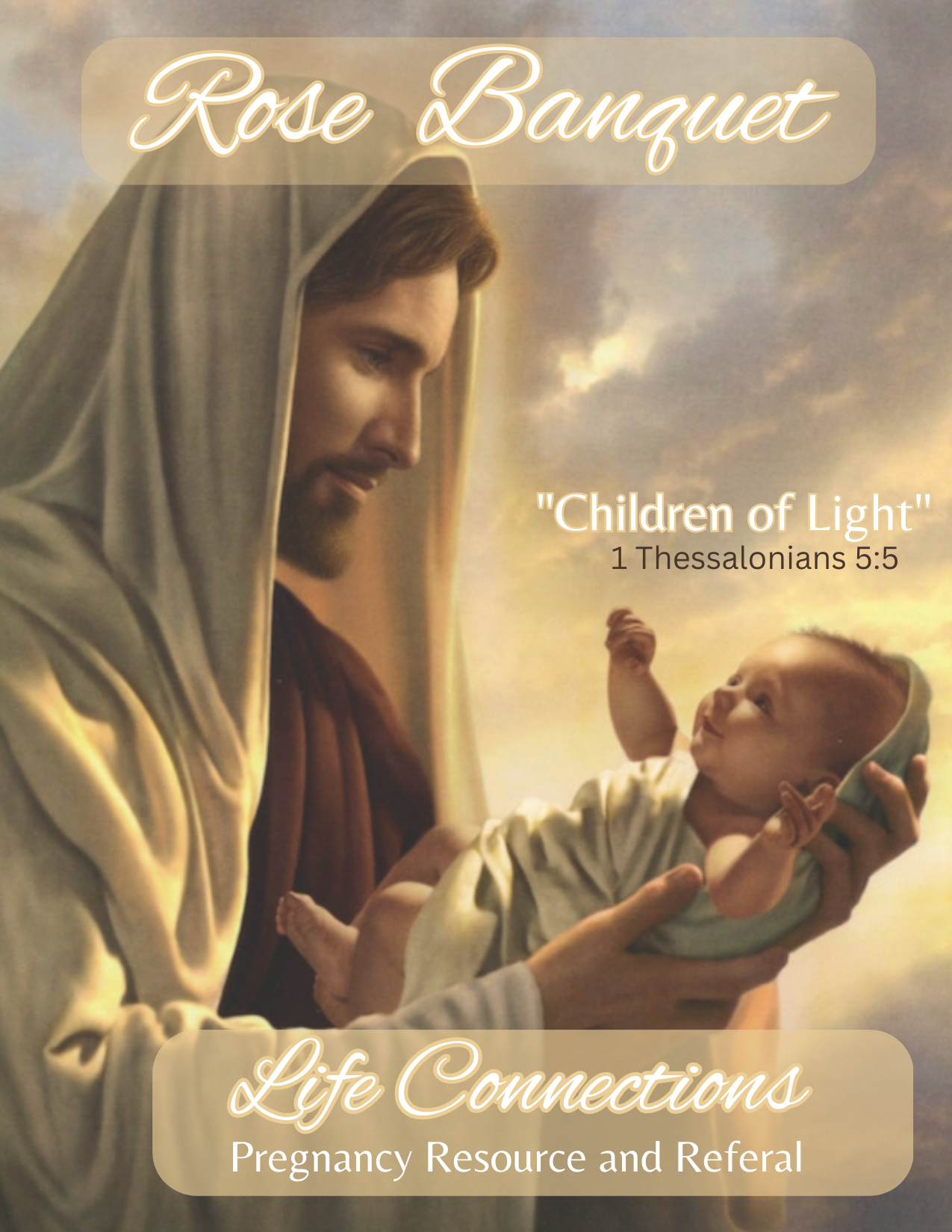 Religious artwork depicting Jesus holding a baby, with text overlay about a pregnancy resource and referral service.