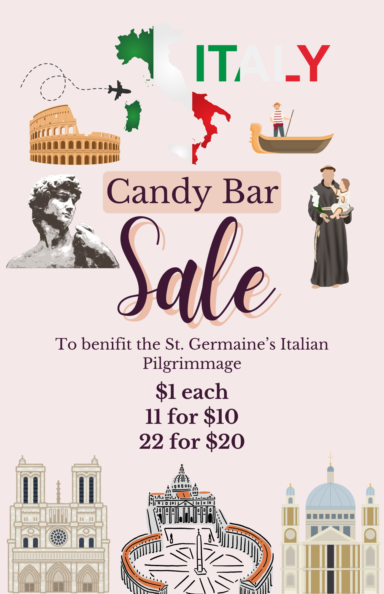 Flyer advertising a candy bar sale for the benefit of St. Germaine's Italian Pilgrimage, featuring illustrations of Italian landmarks like St. Peter's Basilica, the Colosseum, and the Duomo, and including prices for different quantities of candy bars.