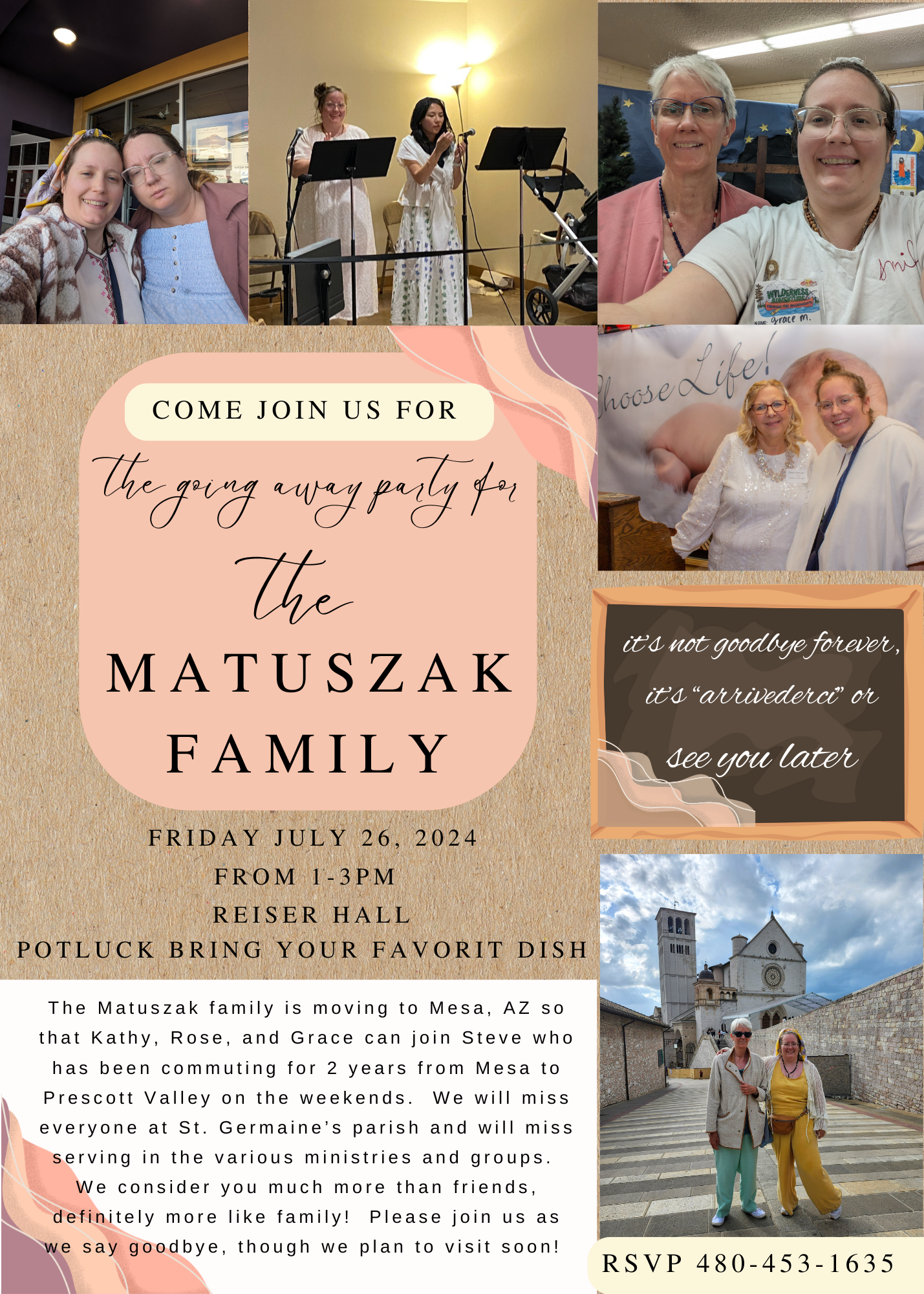 A digital flyer for the Matuszak family's going away party scheduled for Friday, July 26, 2024, from 1-3 PM at Reiser Hall. The flyer features photos of family members, musical performers, and scenic views of a church or cathedral building, along with details about the event and RSVPing information.